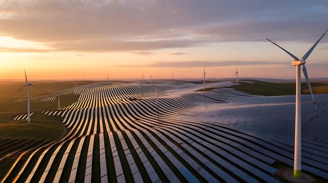 Rows of solar panels and several wind turbines are spread across a green hilltop, illuminated by the warm glow of a sunset. The stunning landscape highlights the commitment to sustainable energy