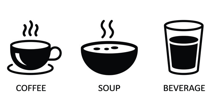 three simple food and beverage icons, hot coffee cup, bowl of steaming soup and glass of water for cafe menu, restaurant, and app interface design.