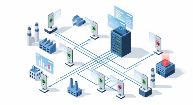 Isometric illustration of network connections and data exchange.