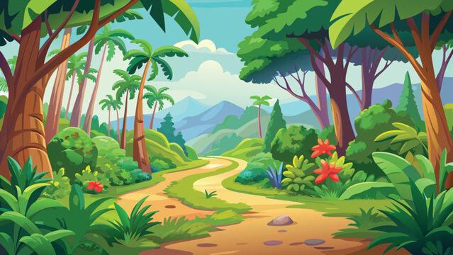A beautiful cartoon tropical jungle landscape with a winding dirt path through lush green trees and exotic palm plants Vector