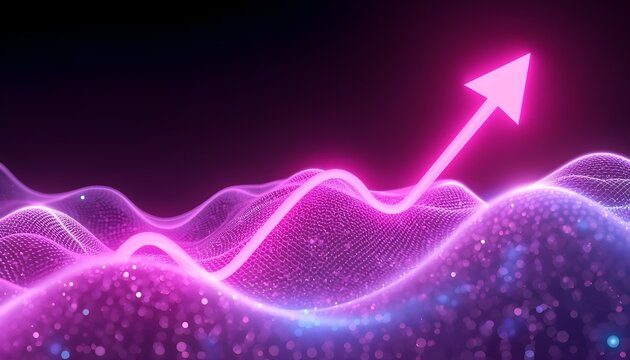 A vibrant pink arrow rises above a wavy, sparkling digital landscape with a dark background