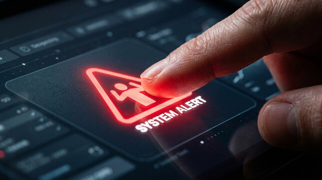 Synthetic identity fraud warning on screen with finger touch and red alert icon
