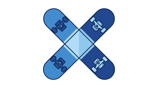 Two blue skateboards crossed in an X-shape, forming a geometric pattern with varying shades of blue on a white background.