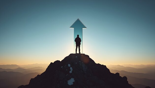 A man stands on a mountain peak with a large arrow pointing upwards behind him at sunset