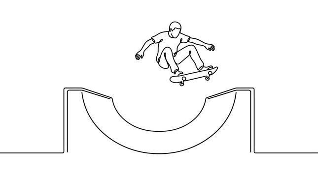 A dynamic line drawing captures a skateboarder mid-air, performing a trick over a half-pipe ramp, showcasing the thrill of extreme sports.