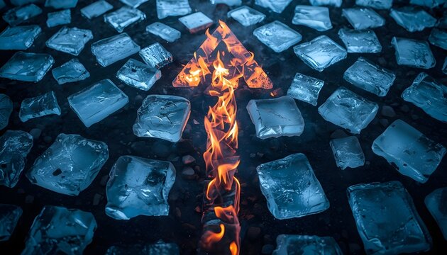 A dramatic image of ice cubes with a fiery arrow pointing upwards on a dark background