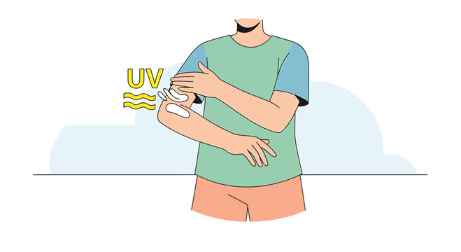 Person applying sunscreen on arm to protect from UV rays, skin care concept