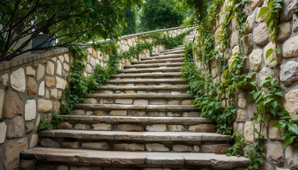 Obraz premium A serene stone staircase with lush greenery and ivy growing up the walls in a natural outdoor setting