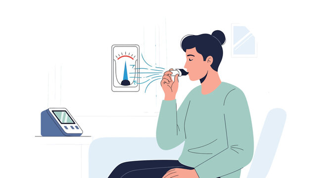 Person using a spirometer for lung function test, medical device, respiratory health check