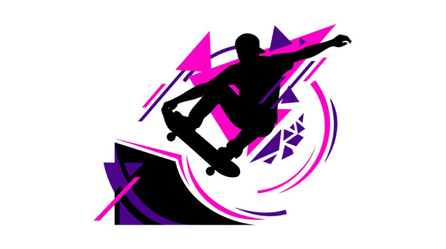 Dynamic silhouette of a skateboarder performing a trick amidst vibrant pink and purple abstract geometric shapes, illustrating extreme sports energy.