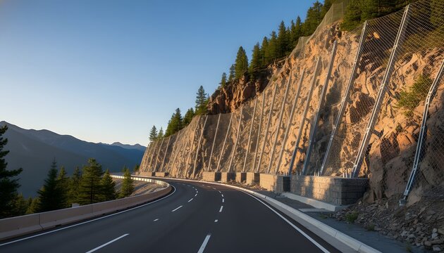 Protective landslide barriers on a winding mountain road for safety and infrastructure concept, showcasing rockfall prevention mesh on steep alpine cliffs at sunset