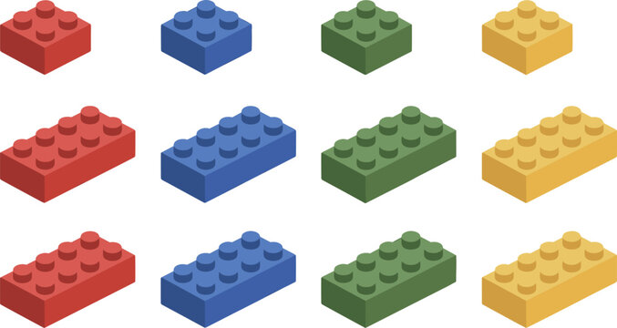 Isometric toy brick vector set, colorful plastic building blocks, construction pieces collection for kids creative play design
