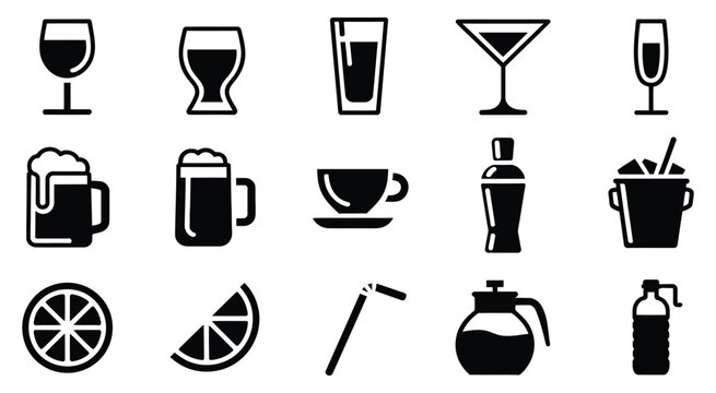 beverage icons and drinkware symbols collection, representing various types of drinks and serving items for menus, cafe, restaurant, and food service design.