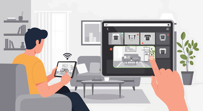 Smart Home Security: Man controls cameras and smart devices via tablet in living room