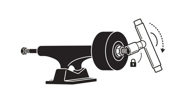 Black and white illustration of a skateboard truck with a wheel being tightened by a T-tool, showing maintenance process.