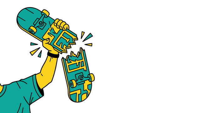A person's arm holding a broken teal and yellow skateboard with a maze pattern, illustrating a moment of frustration or failure in skateboarding.