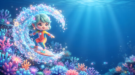 Fototapeta premium Surfing Underwater Whimsical Character Surfing a Wave of Bubbles Among Colorful Coral Reefs
