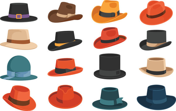 Stylish hat vector set, cowboy, fedora, top hats, vintage fashion headwear collection for men accessory design illustration