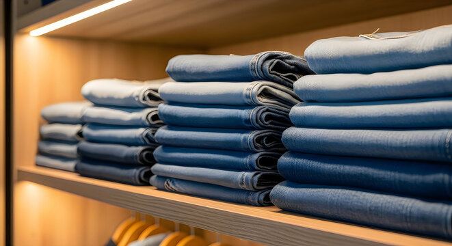 Neatly folded stacks of blue denim jeans on a wooden shelf