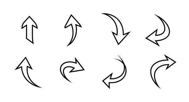 Set of Simple Outline Curved Arrows for Navigation and Refresh on isolated white background
