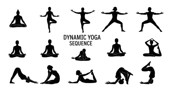 Dynamic Yoga Sequence with Multiple Silhouettes Demonstrating Various Yoga Poses on Isolated White Background.