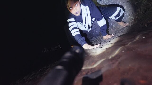 Creepy Woman with White Eyes Stalking in the Dark