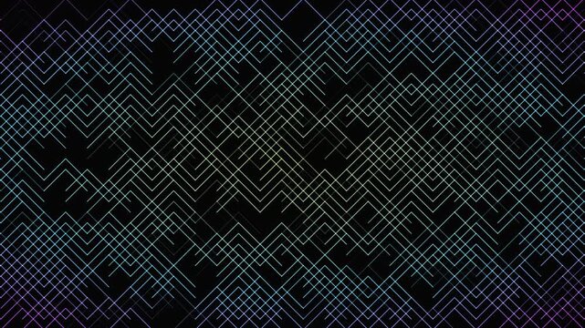 Abstract geometric pattern with colorful neon lines forming intricate maze-like shapes on black background, dynamic motion.