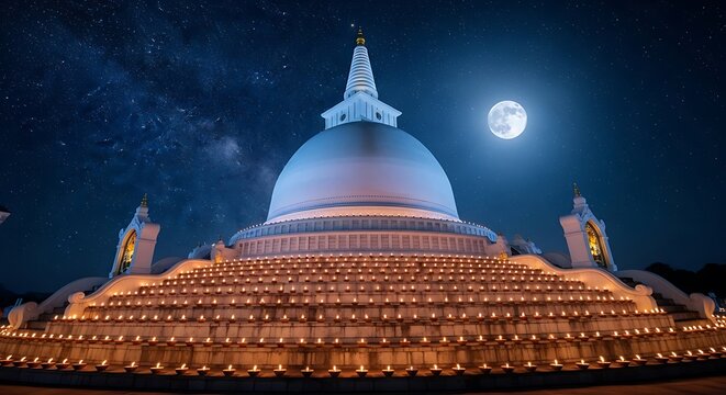 Majestic White Buddhist Stupa Illuminated by Oil Lamps Under a Full Moon and Starry Night Sky