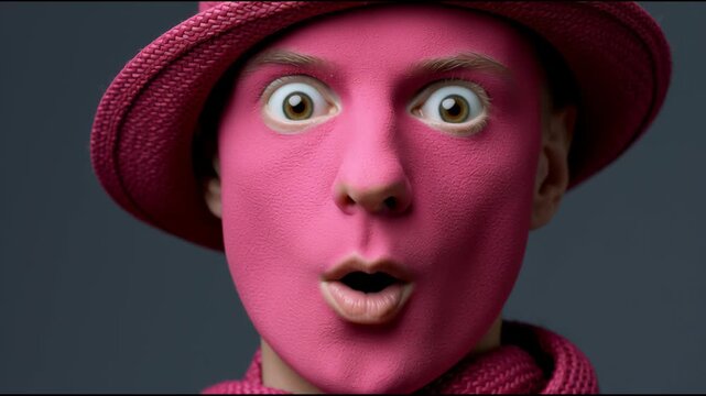 Pink-faced character with matching hat and scarf expresses surprise, then excitement, showcasing a vivid transformation in facial expression against a neutral background