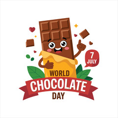 Fototapeta premium Cute Cartoon Chocolate Bar Character Celebrating World Chocolate Day – Sweet Dessert Illustration with Ribbon Banner