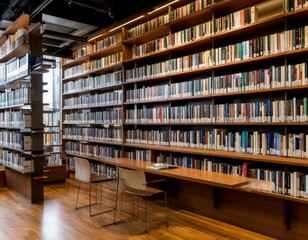 Obraz premium Modern library interior featuring wooden bookshelves filled with books, two empty chairs, and a wooden table in a well-lit reading area