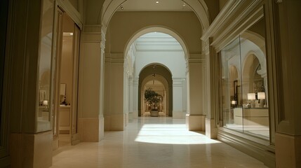 Fototapeta premium Long arched hallway in a modern luxury shopping mall, featuring classical architectural elements, ambient lighting, and elegant storefront displays creating an upscale atmosphere