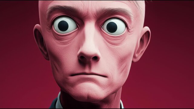 Male character with exaggerated features and large eyes displays a range of expressions in a series of close-up frames against a solid red background