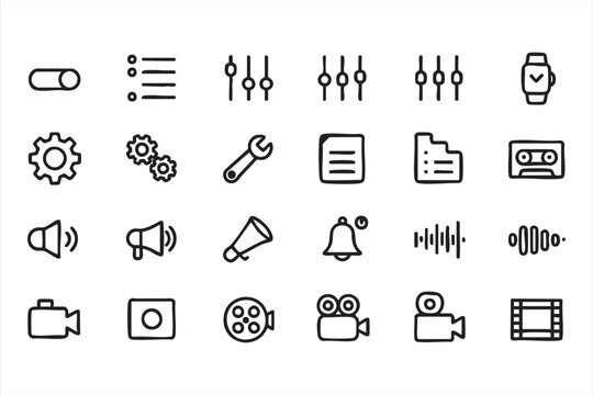 UI Settings And Media Control Icons Audio Video Interface Set