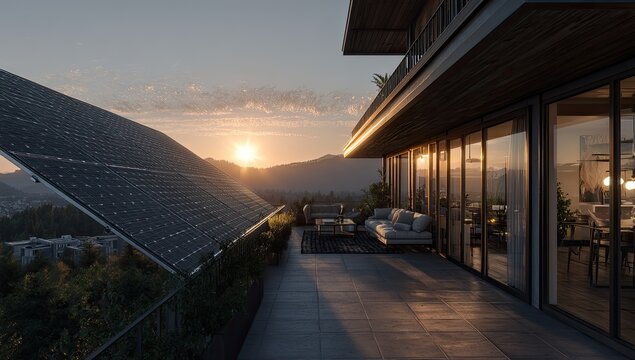 Modern Eco-Friendly House with Solar Panels at Sunset.