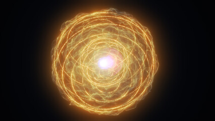 Glowing golden energy sphere with layered orbit lines and bright core flare, futuristic abstract plasma globe on dark background © Bolbik