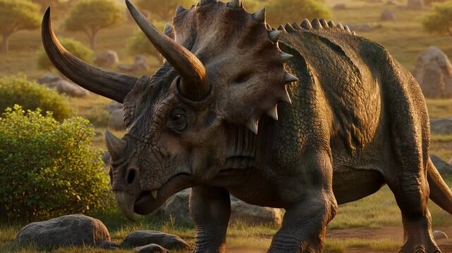 Triceratops lowering head in defensive stance with sharp horns ready to charge in sunlit Jurassic plain, showcasing prehistoric dinosaur strength and texture video footage