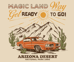 Naklejka premium Mountain artwork for apparel, sticker, batch, background, poster and others. Desert road trip by car. Arizona desert Outdoors t shirt vector design.