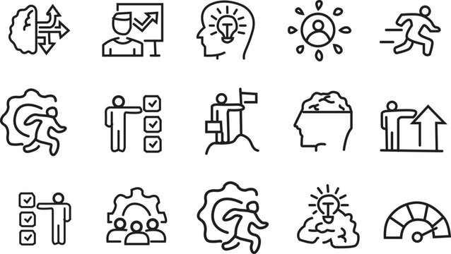 Bold Black Brain Intelligence and Cognitive Performance Icon Set, Minimalist Human Mind and Strategic Thinking Symbols Isolated on White Background Vector