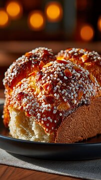 Traditional colomba cake with pearl sugar and almonds on a plate