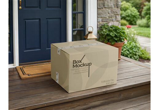Cardboard Shipping Box Mockup on Front Door Porch for Delivery Branding Presentation