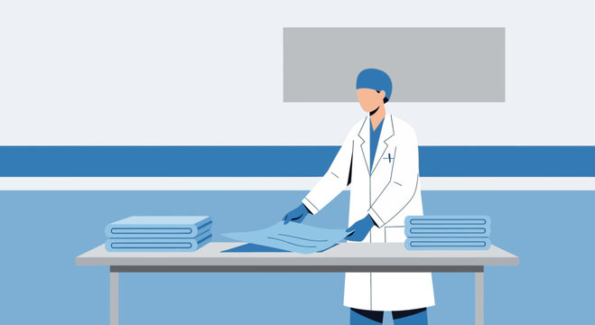 Doctor folding medical sheets in a sterile hospital room, preparing for surgery