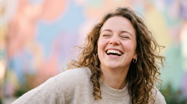 Joyful young woman with curly brown hair laughs genuinely and carefree against a vibrant, blurred colorful mural, radiating happiness and positive energy.
