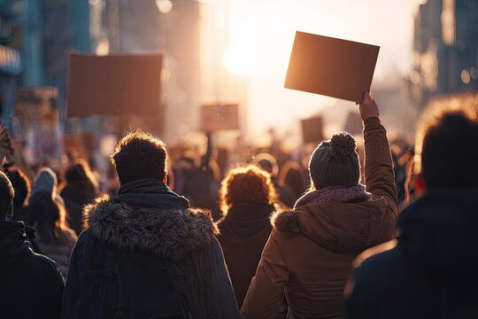 Crowd of people protesting with signs at sunset.