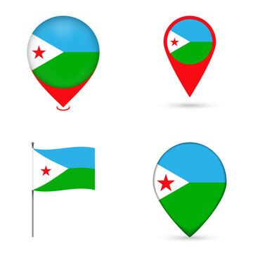 Djibouti Flag Map Pin Icons Set Collection.