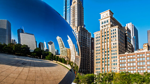 hicago, Illinois, USA - April 24, 2024. Cloud Gate sculpture, known as The Bean by Anish Kapoor at AT&T Plaza, Millennium Park.