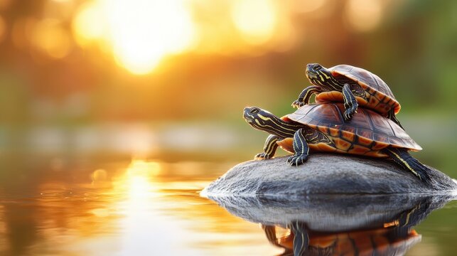 Two turtles are perched on a rock in a tranquil lake during sunset, showcasing nature's beauty and serenity while reflecting the golden hues of the sunset.