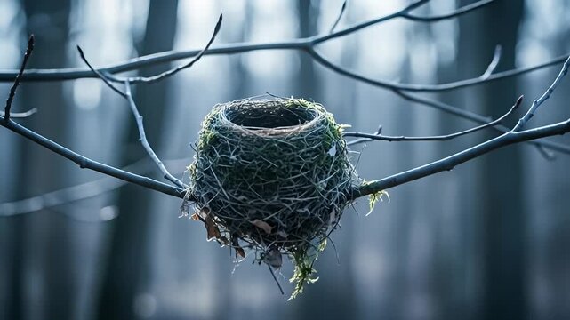 A bird's nest rests in a tree amidst a misty forest, ethereal and fragile