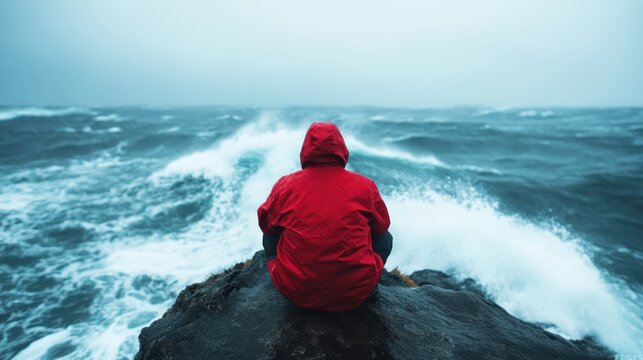 A solitary figure in a red raincoat sitting on a rocky shore, gazing at turbulent ocean waves, embodying themes of solitude and the power of nature.
