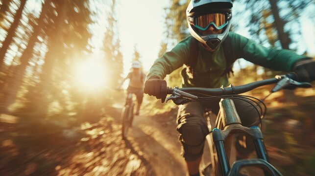 Two mountain bikers ascend a beautiful trail in the forest, capturing the exhilarating essence of outdoor adventure amidst vibrant sunlight and nature's beauty.